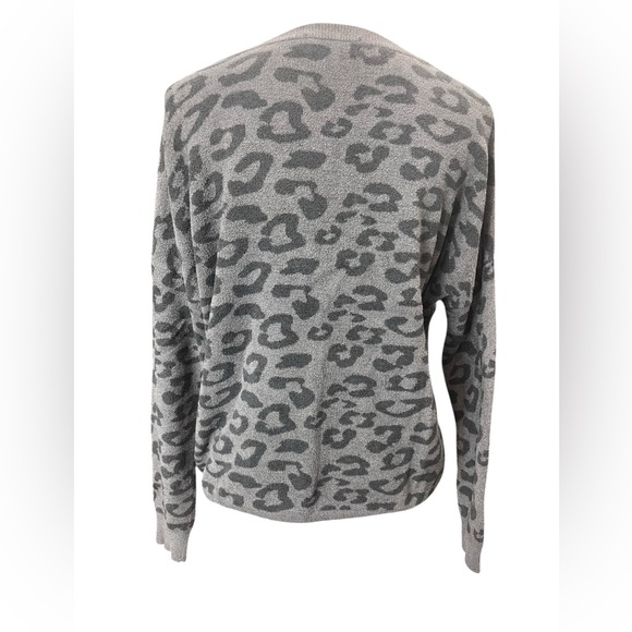 Barefoot Dreams CozyChic Ultra Lite Leopard Print Tie Hem Pullover Sweater Gray - Picture 6 of 11